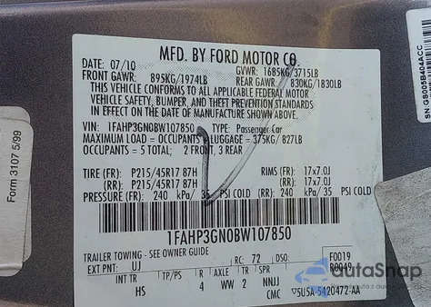 2011 Ford Focus Ses z USA, uszkodzony, nr VIN 1FAHP3GN0BW107850